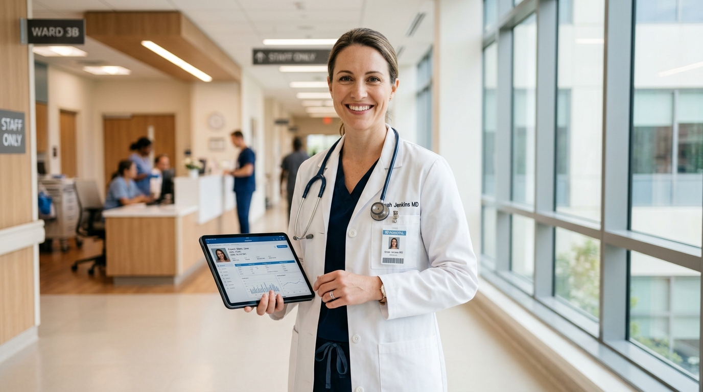 Healthcare physician utilizing CareConnect clinical tablet in modern hospital clinic