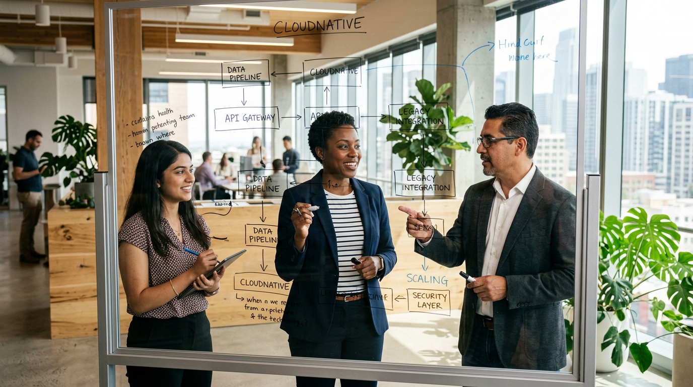 Enterprise technology architects and consultants collaborating on cloud-native strategy